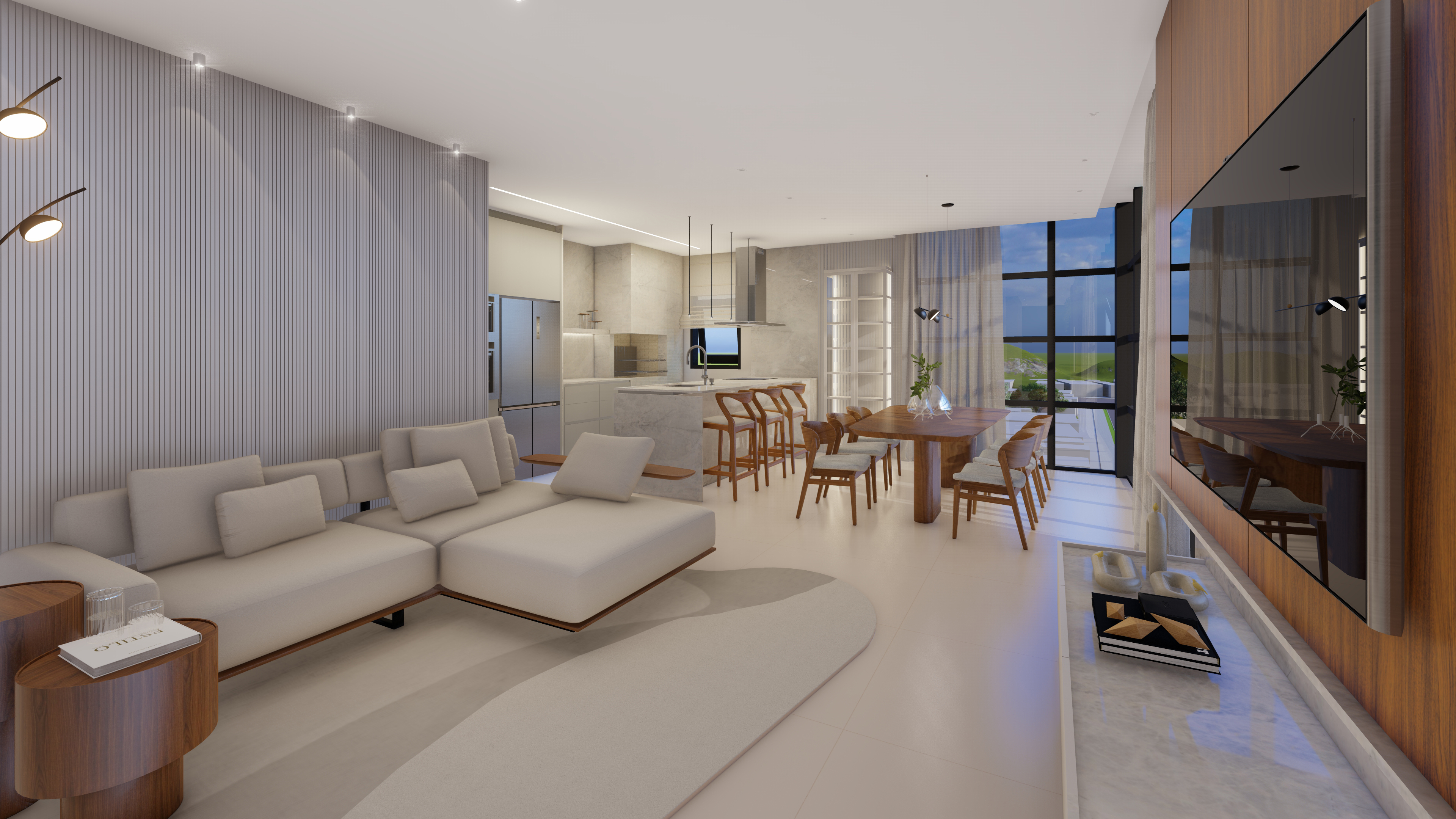 Sala integrada com cozinha e jantar
