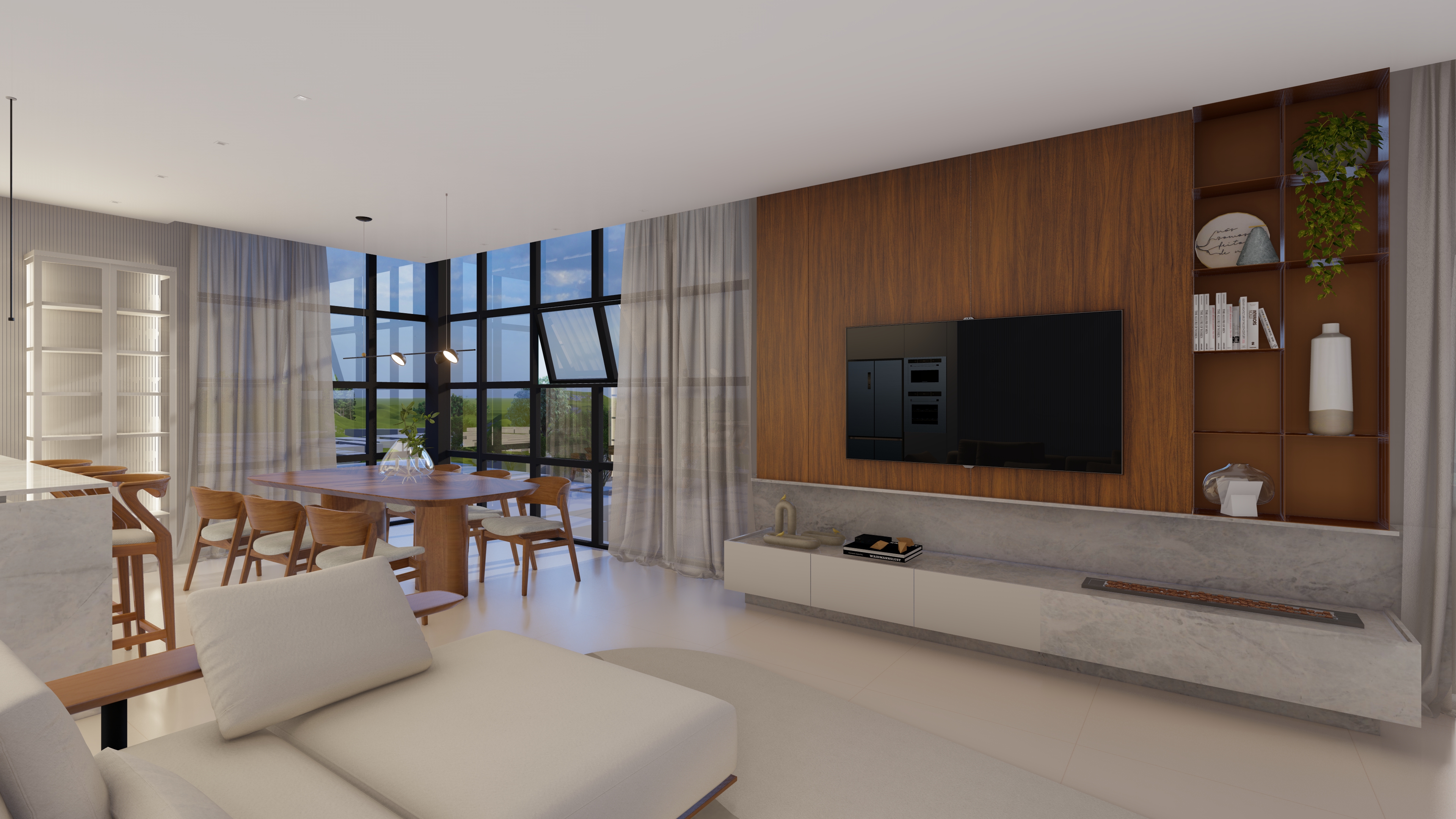 Sala com painel de madeira