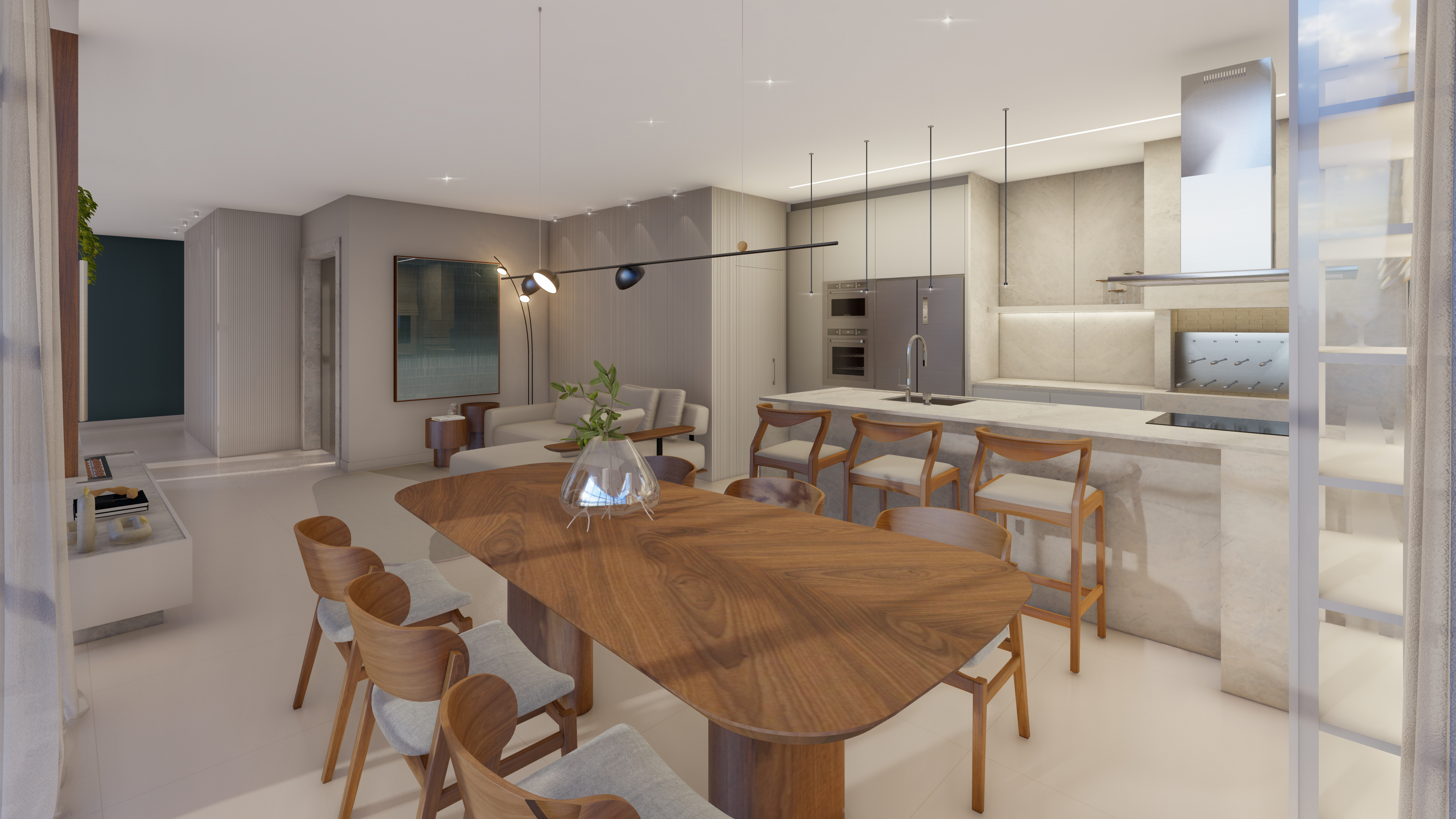 Living integrado — sala, cozinha e jantar