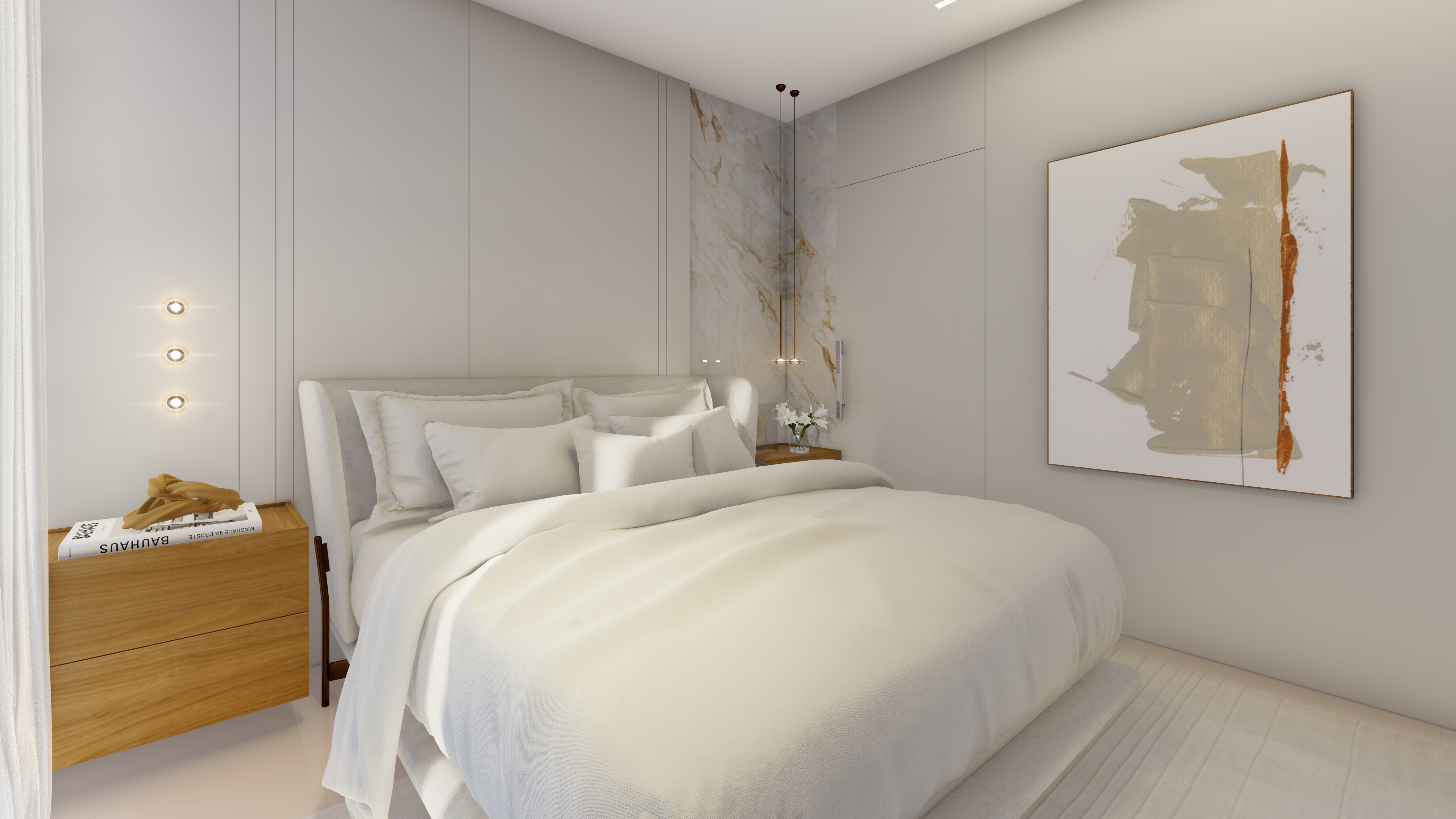 Suíte master com cabeceira em mármore travertino e quadro autoral